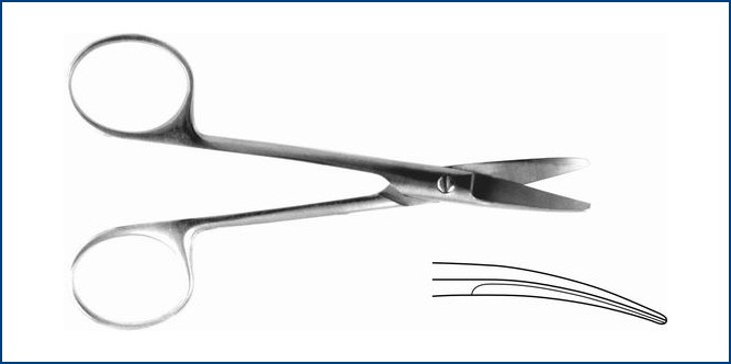 Ножницы хирургические, тупоконечные, вертикально-изогнутые с короткими лезвиями, детские
